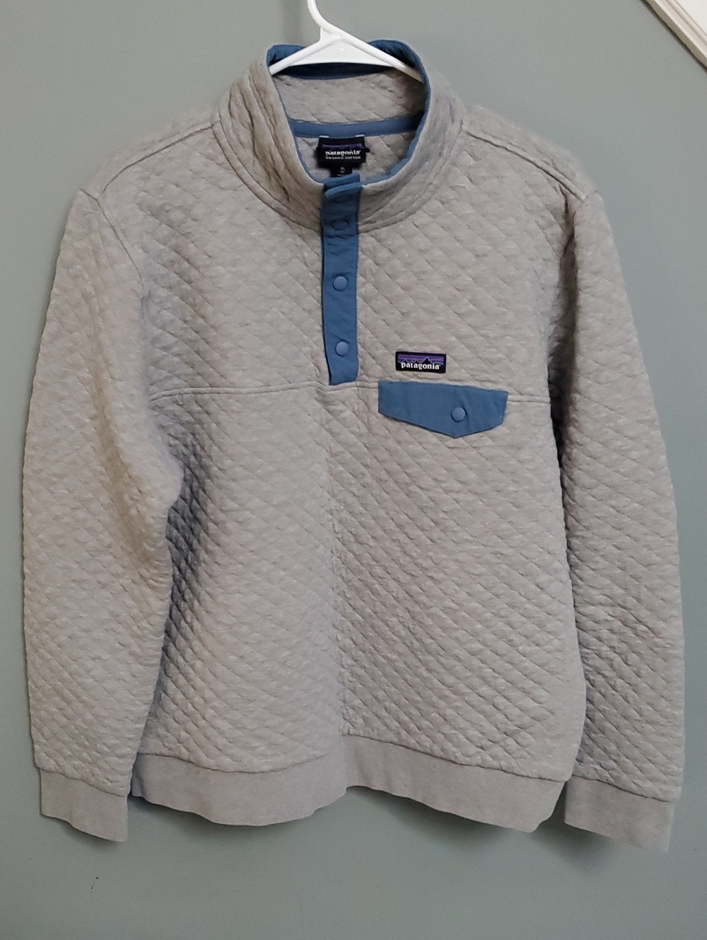 PATAGONIA Light Gray Pullover with Blue Trim